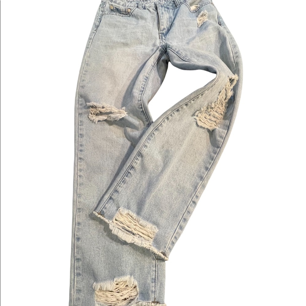 🌸 Monkey Ride women’s cropped distressed white/blue denim jeans size 11‎